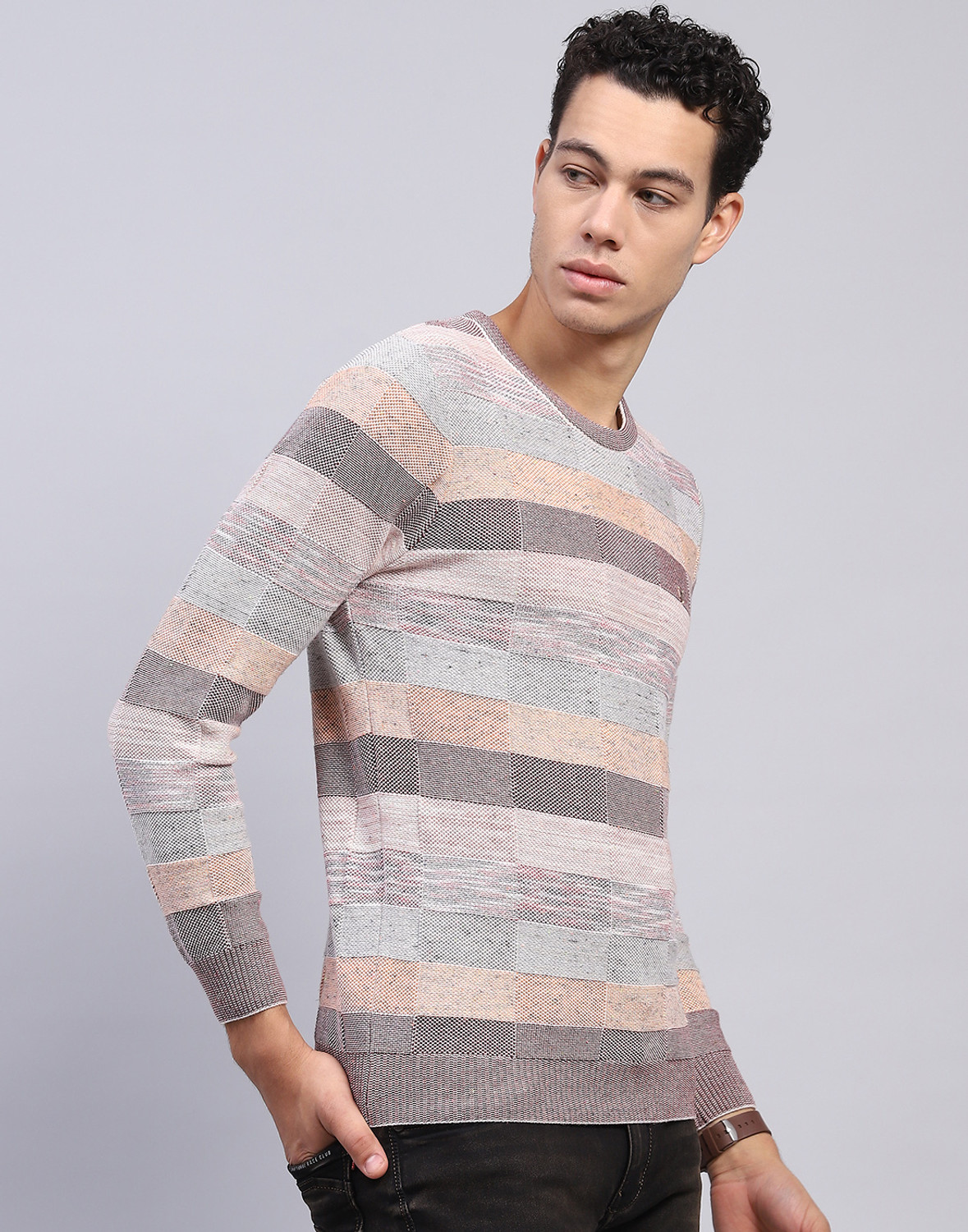 Image of MONTE CARLO Men Striped Round Neck Multicolor Sweater