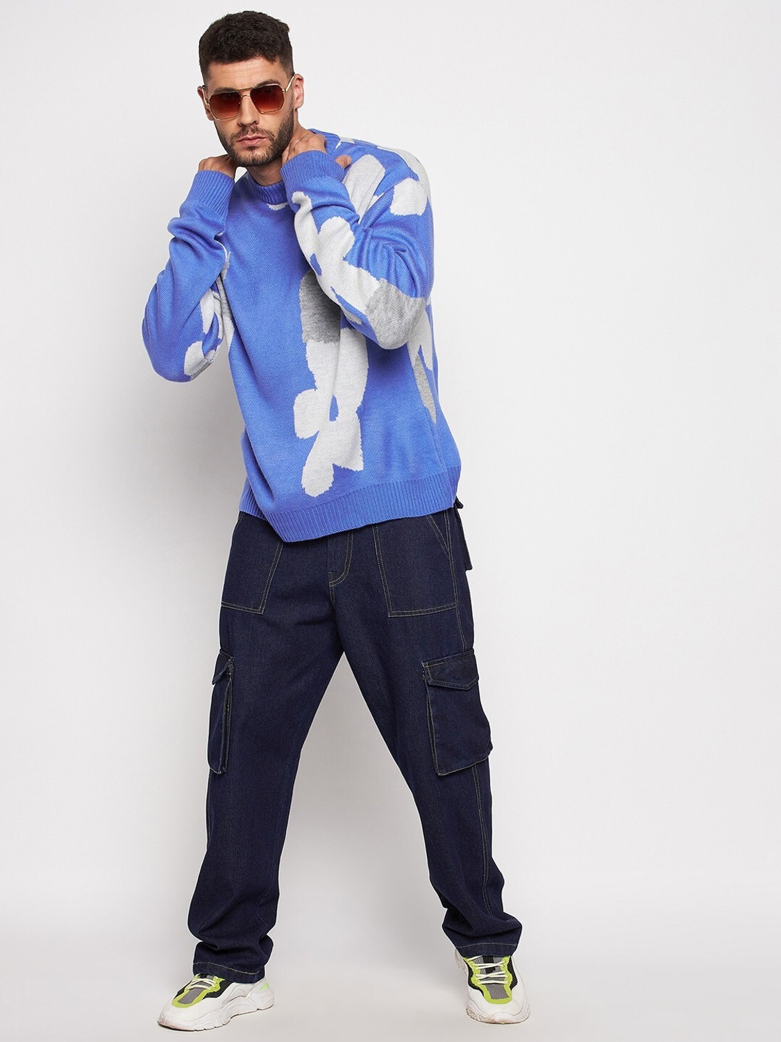 Image of FUGAZEE Men Floral Print High Neck Blue, Grey, White Sweater