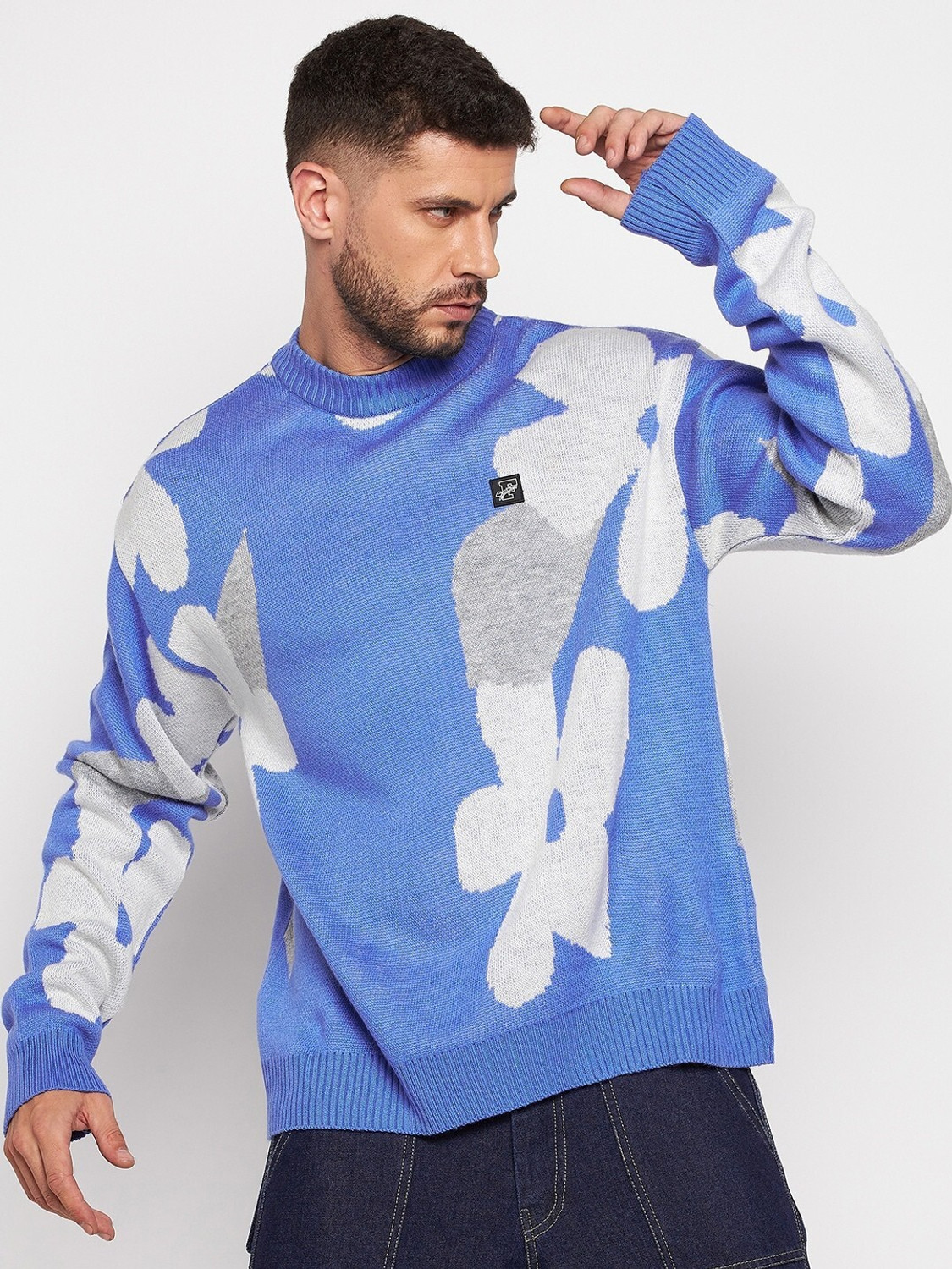 Image of FUGAZEE Men Floral Print High Neck Blue, Grey, White Sweater