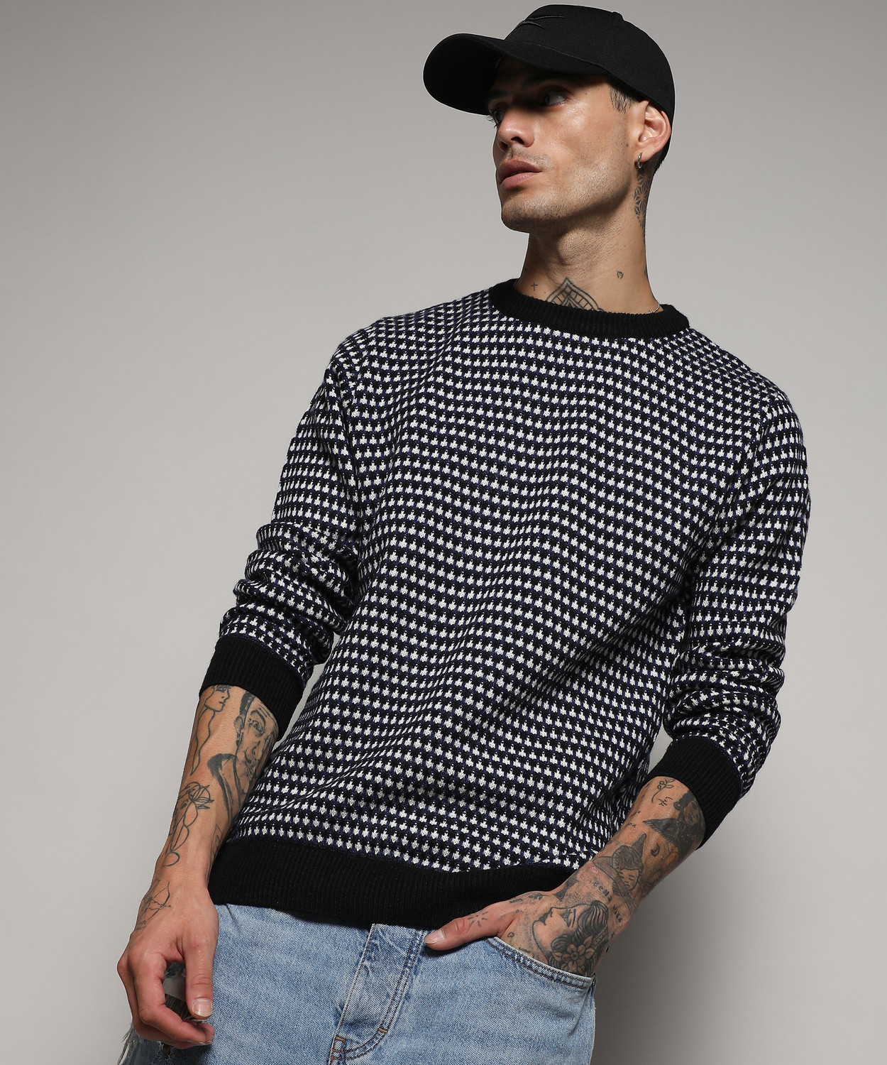 Image of FUGAZEE Men Floral Print High Neck Blue, Grey, White Sweater