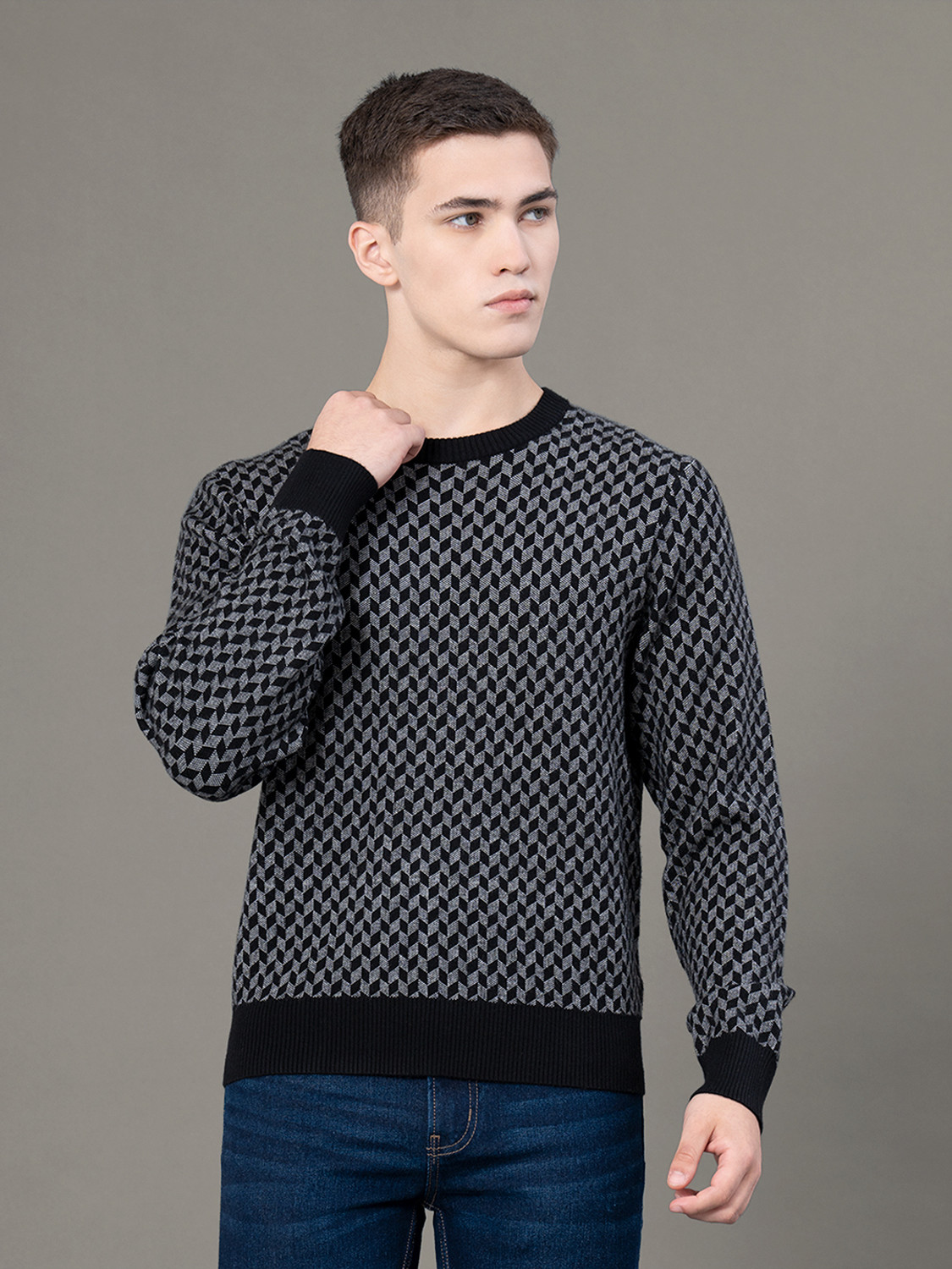 Image of MONTE CARLO Men Striped Round Neck Multicolor Sweater