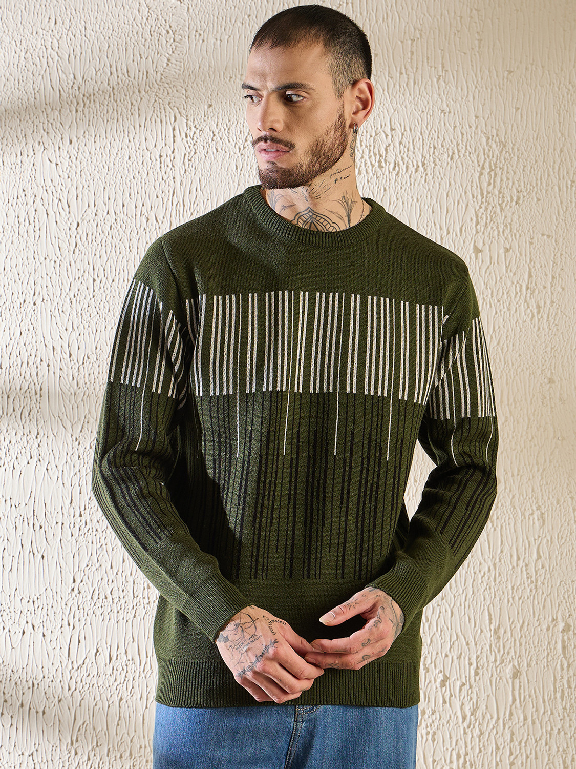 Image of eWools Men Striped Round Neck Red Sweater