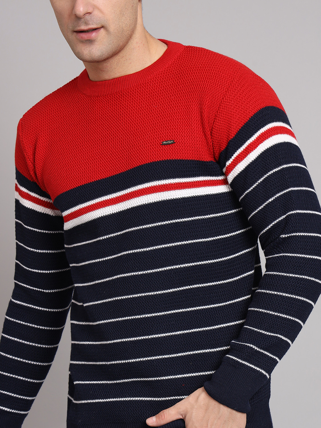 Image of eWools Men Striped Round Neck Red Sweater