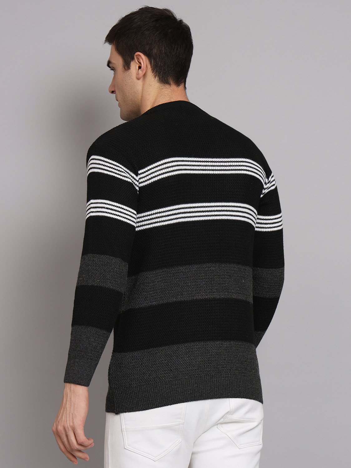 Image of eWools Men Striped, Colorblock Round Neck Black Sweater