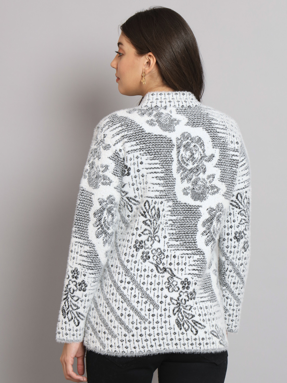 Image of eWools Women Floral Print Round Neck White Sweater