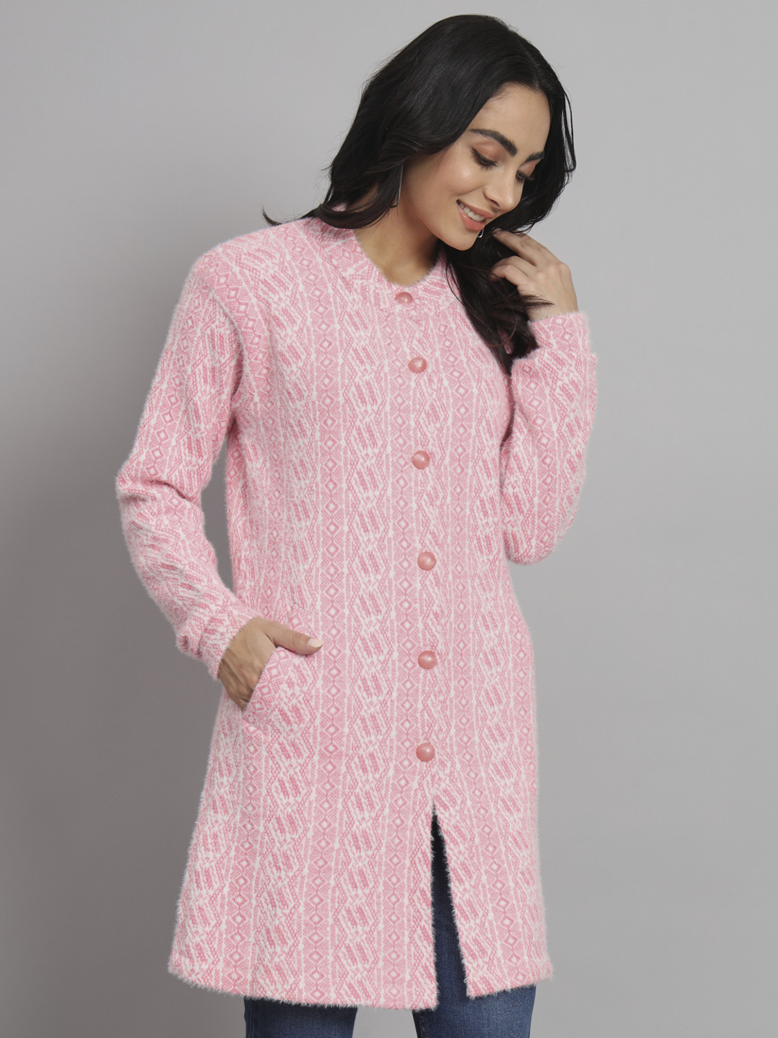Image of eWools Women Floral Print Round Neck Pink, White Sweater