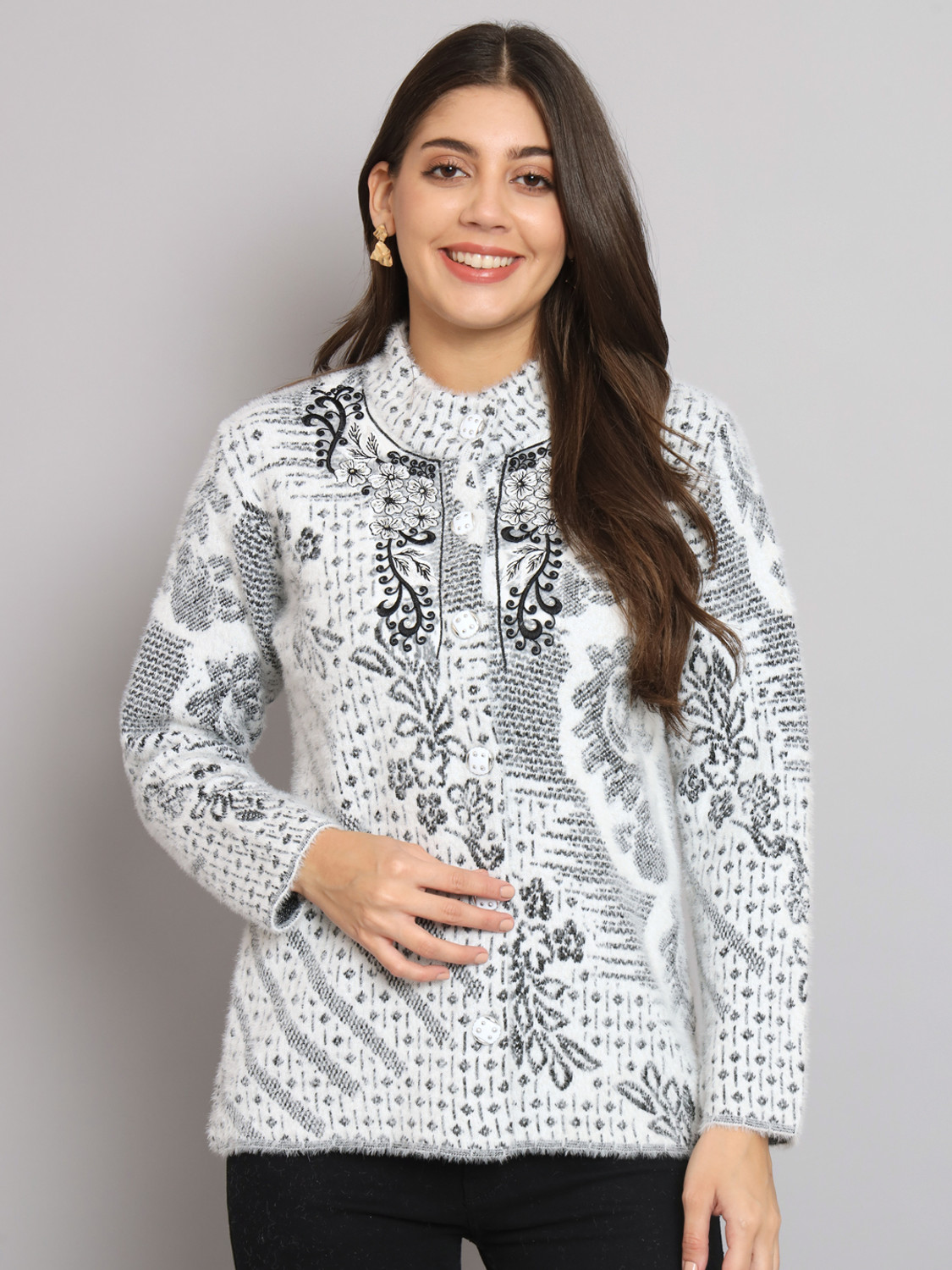 Image of eWools Women Floral Print Round Neck White Sweater