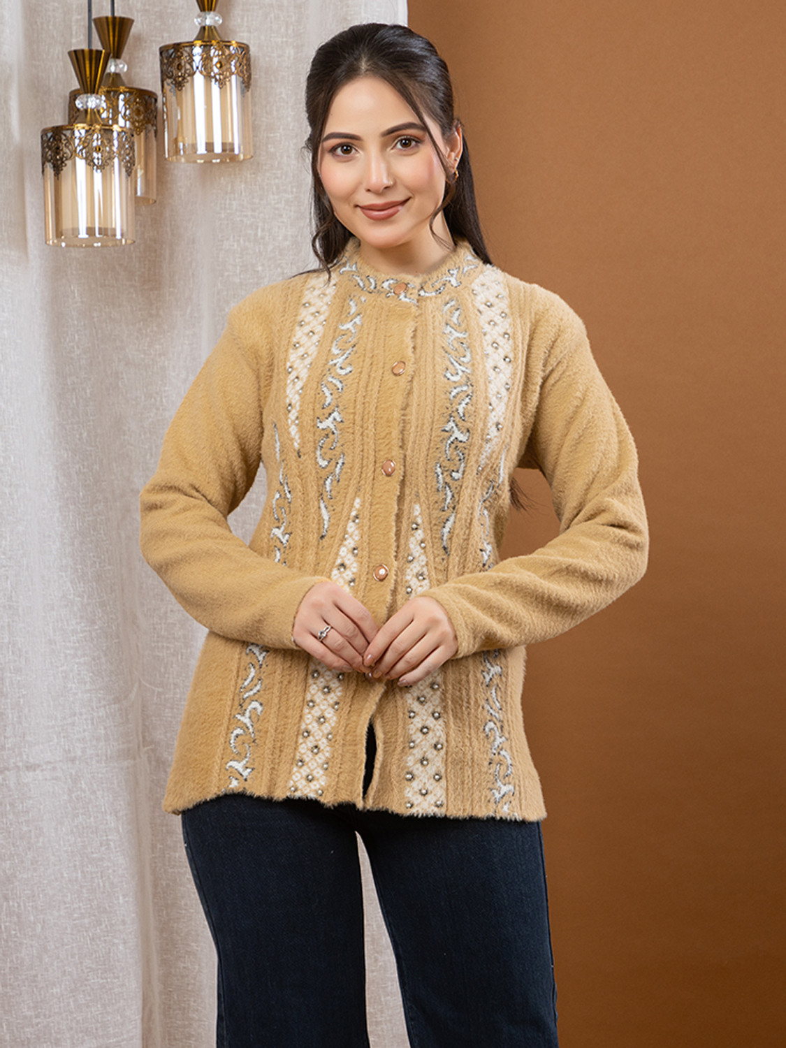 Image of eWools Women Floral Print Round Neck White Sweater