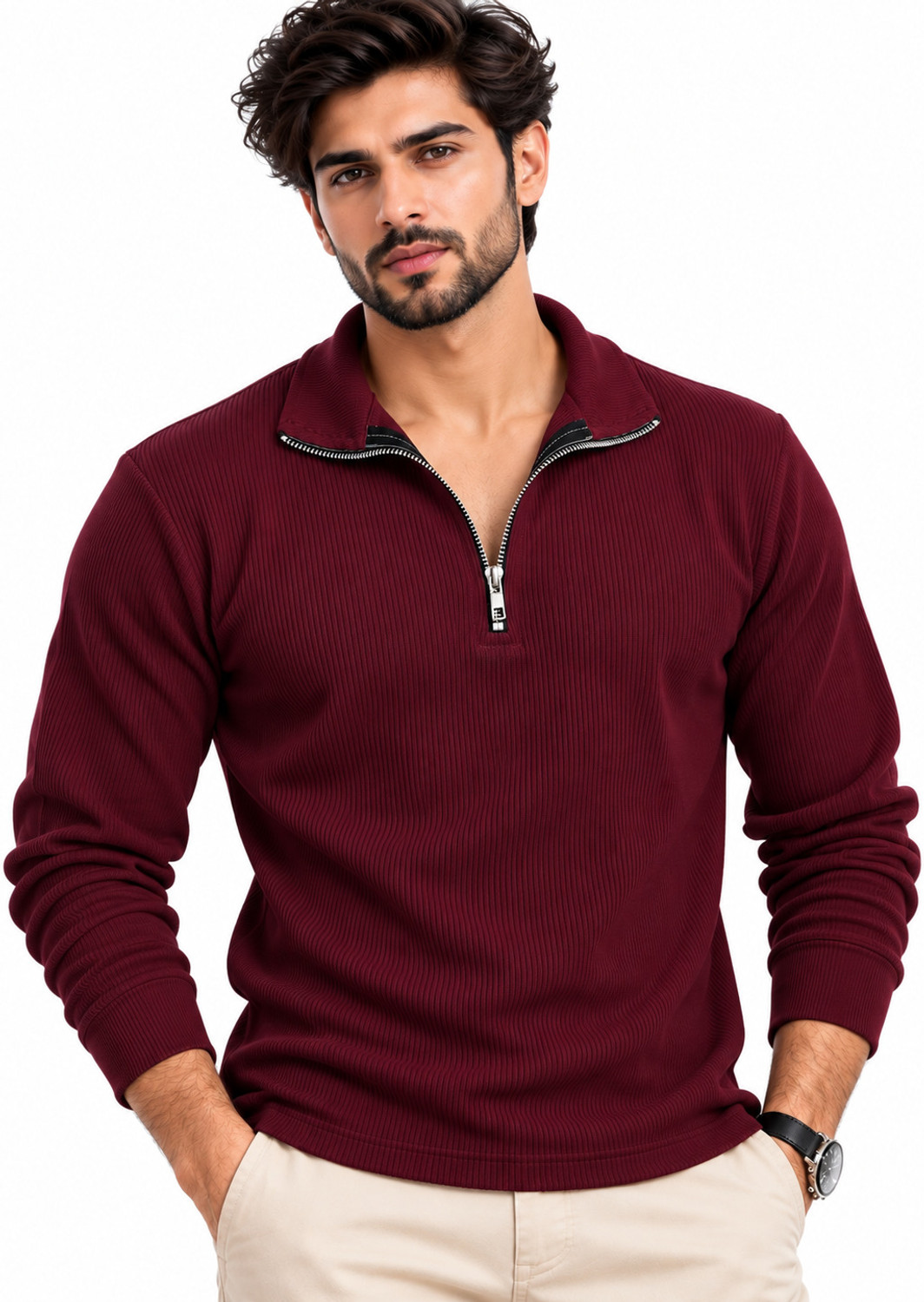 DarkMount Solid High Neck Casual Men Maroon Sweater - Image 5