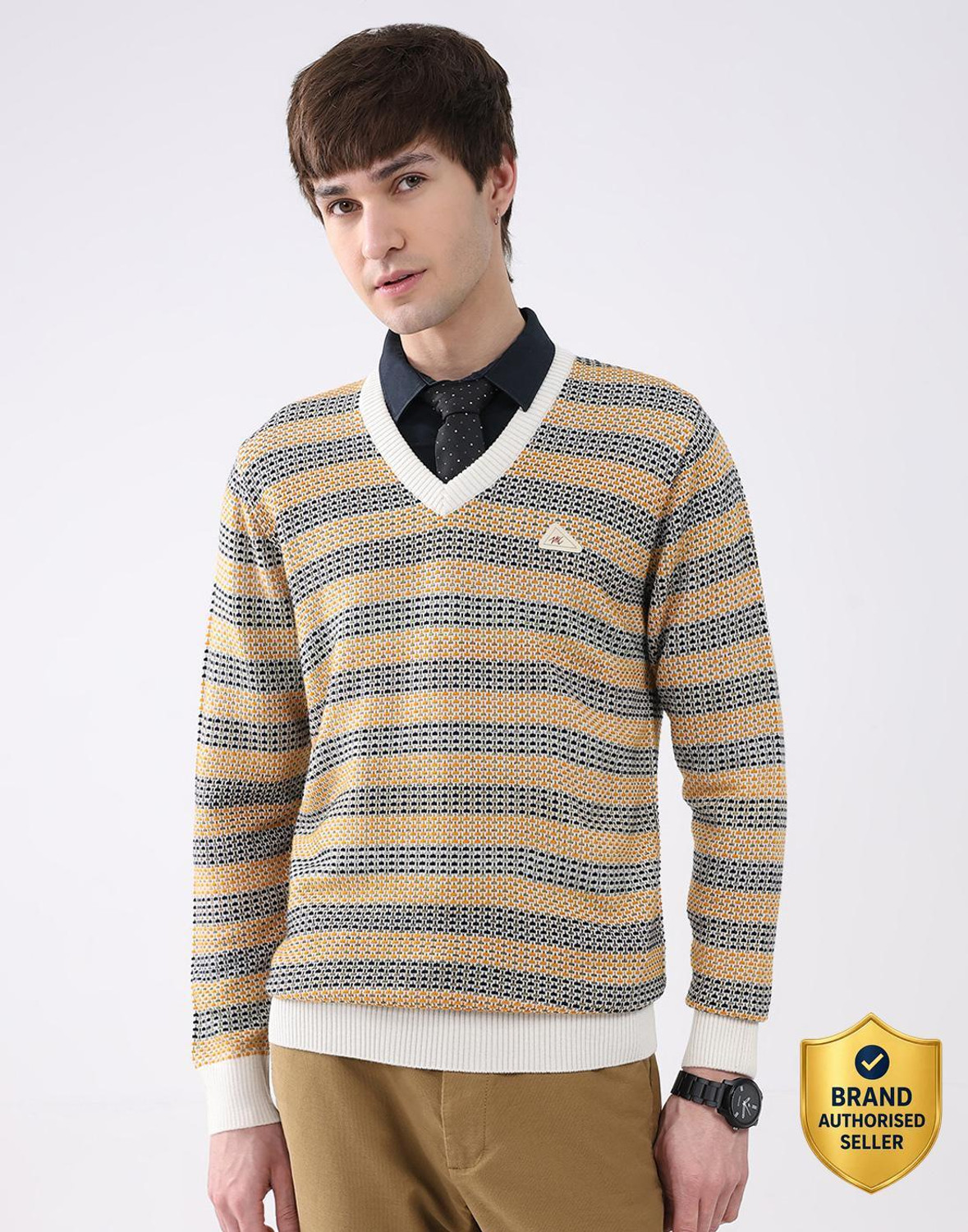 Image of MONTE CARLO Men Striped Round Neck Multicolor Sweater
