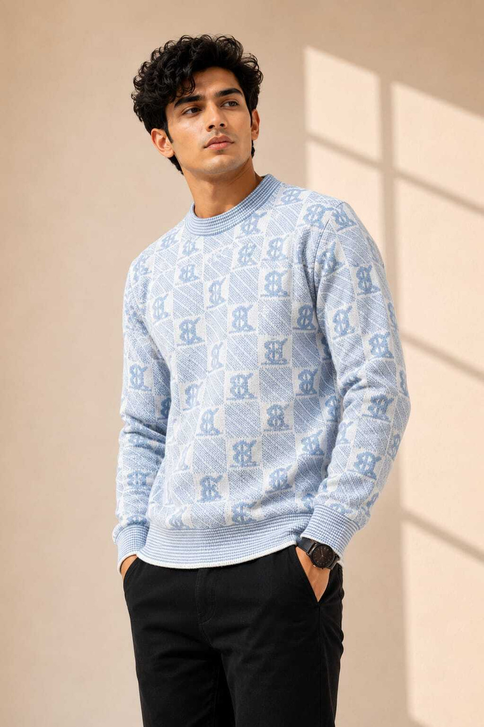 VEERA Men Light Blue, White Crew Neck Sweater - Image 4