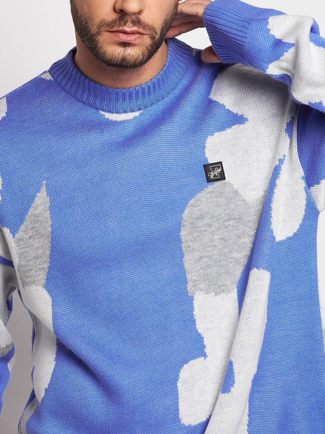 Image of FUGAZEE Men Floral Print High Neck Blue, Grey, White Sweater