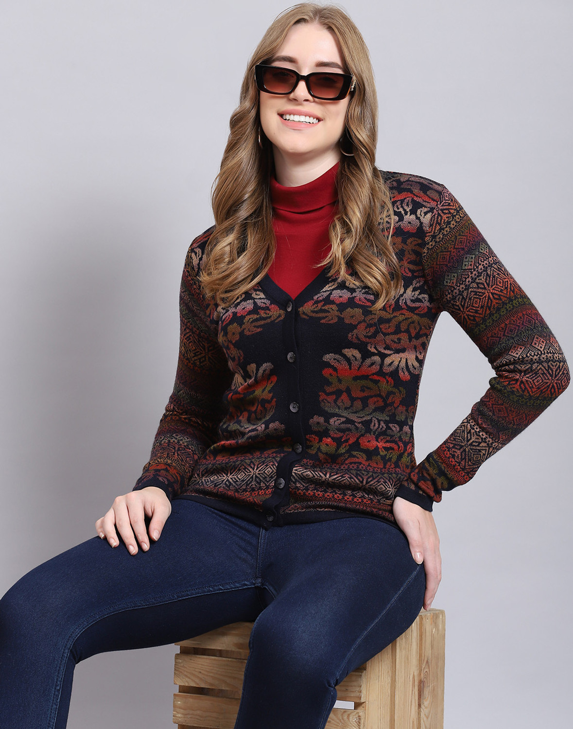 Image of MONTE CARLO Women Self Design V Neck Multicolor Sweater