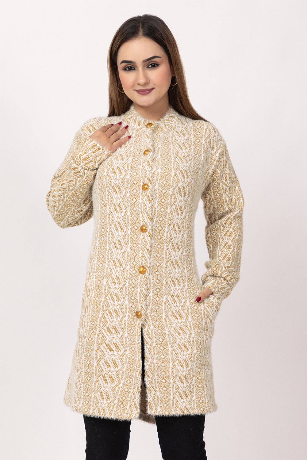 Image of eWools Women Floral Print Round Neck Pink, White Sweater