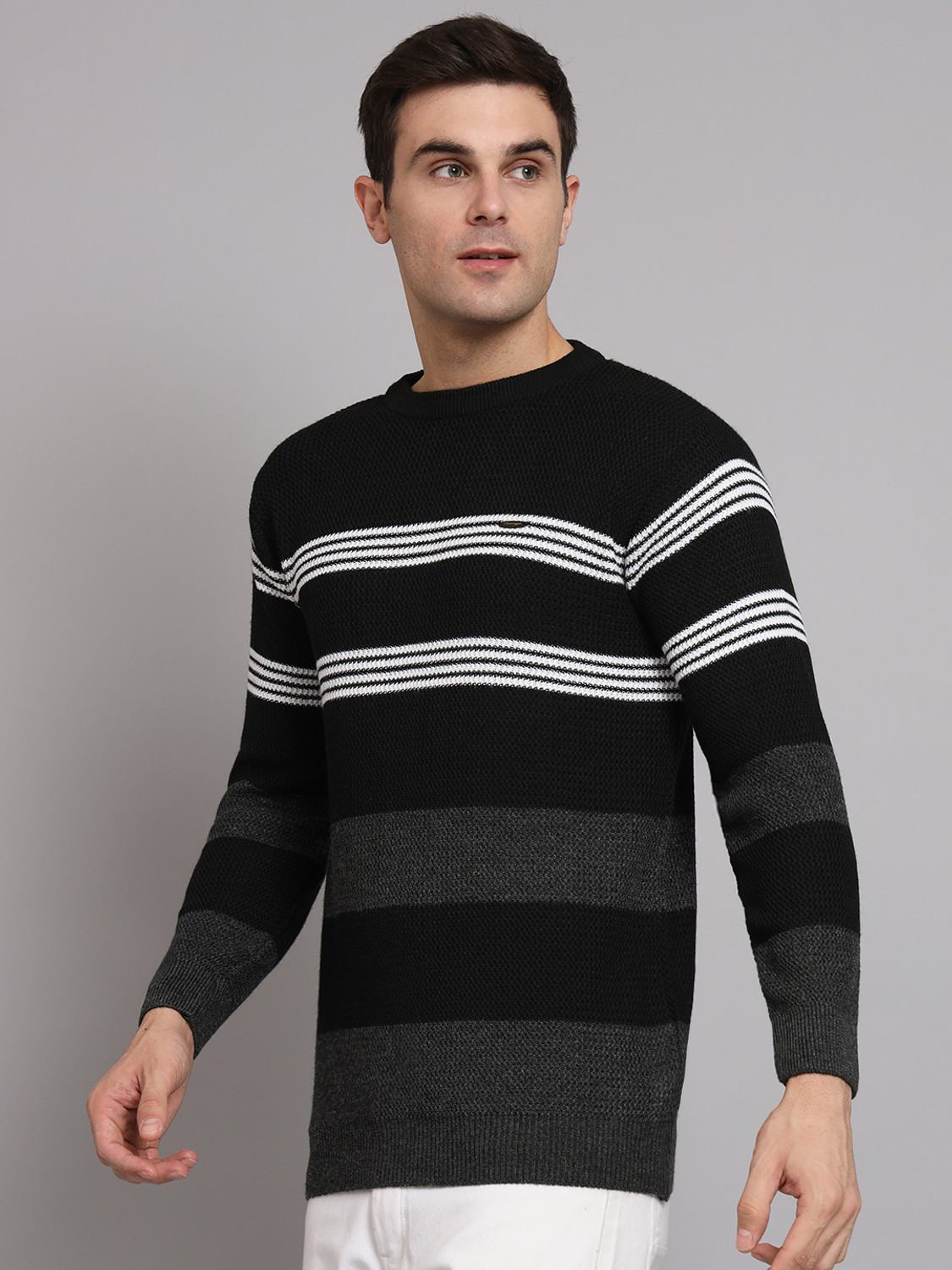 Image of eWools Men Striped, Colorblock Round Neck Black Sweater
