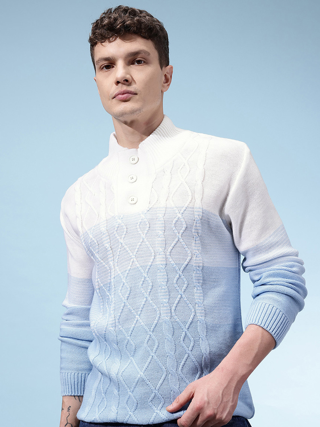 KASMA Men Blue Colorblock Turtle Neck Sweater - Image 1