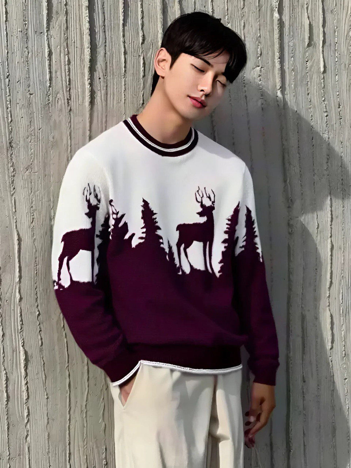 HouseOfCommon Men Printed, Self Design Round Neck Maroon, White Sweater - Image 1