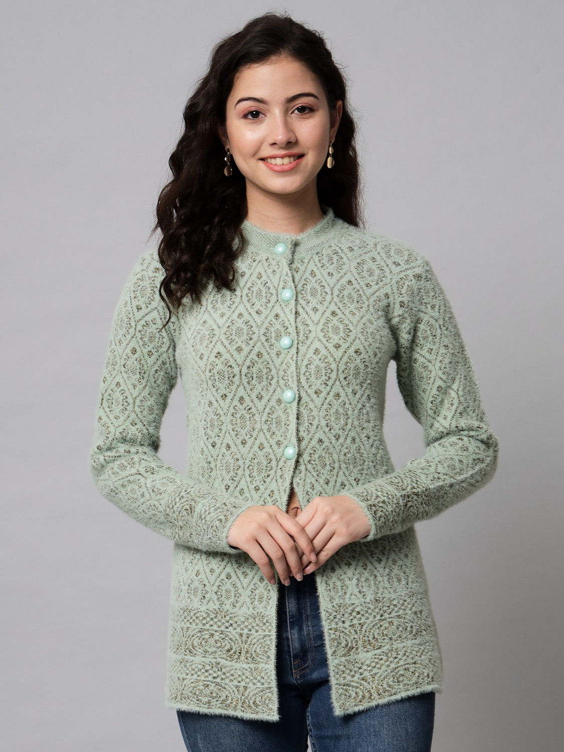 Image of eWools Women Floral Print Round Neck White Sweater