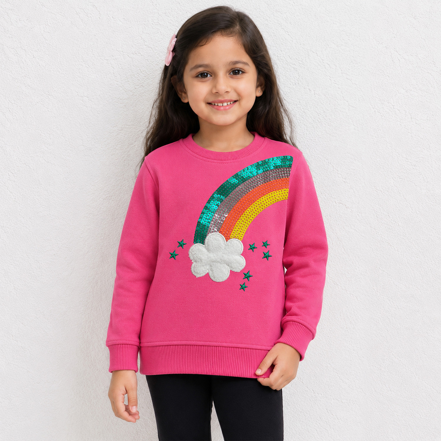 Image of Yellow Apple Baby Girls Self Design Round Neck Blue Sweater