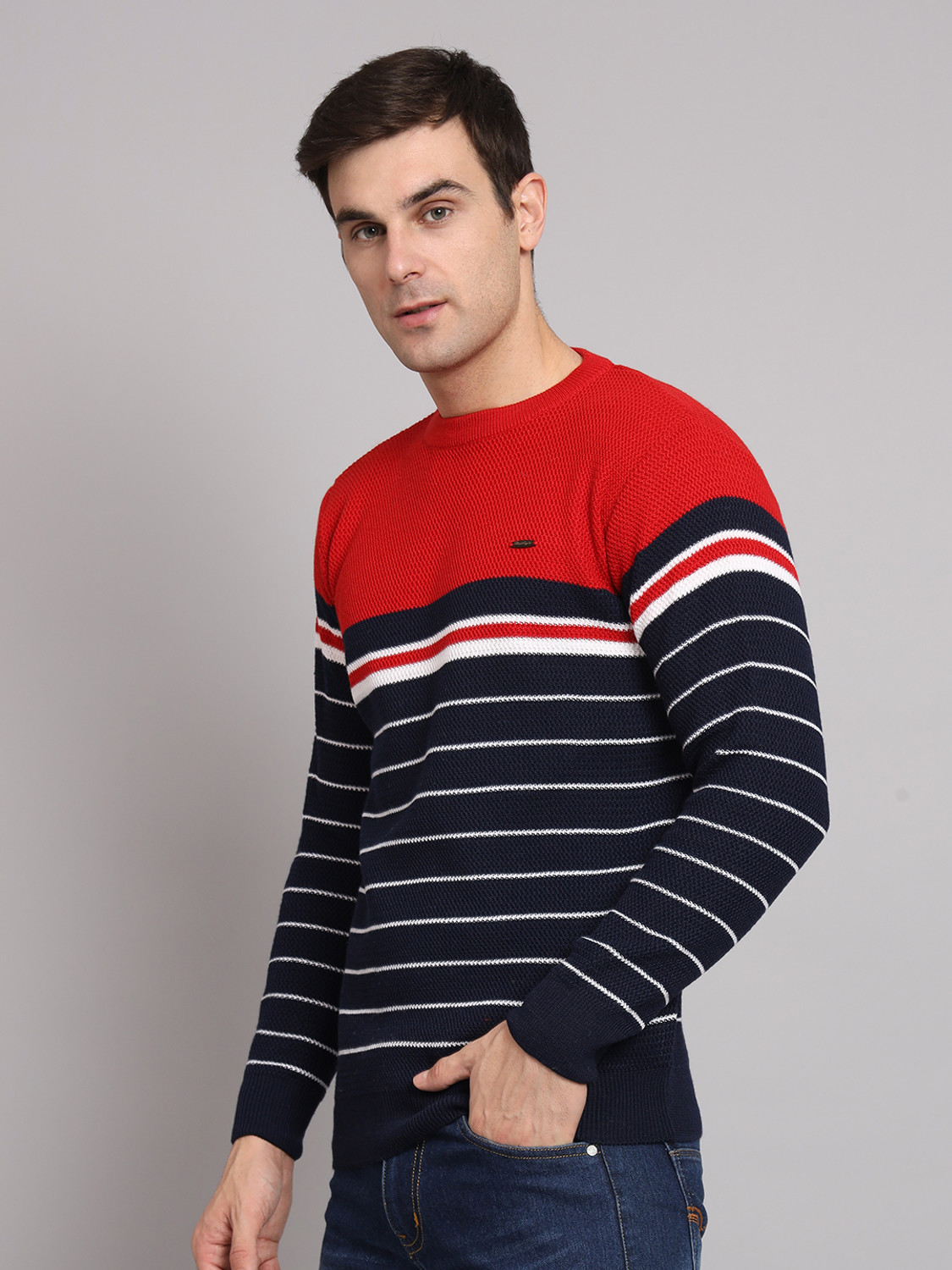 Image of eWools Men Striped Round Neck Red Sweater
