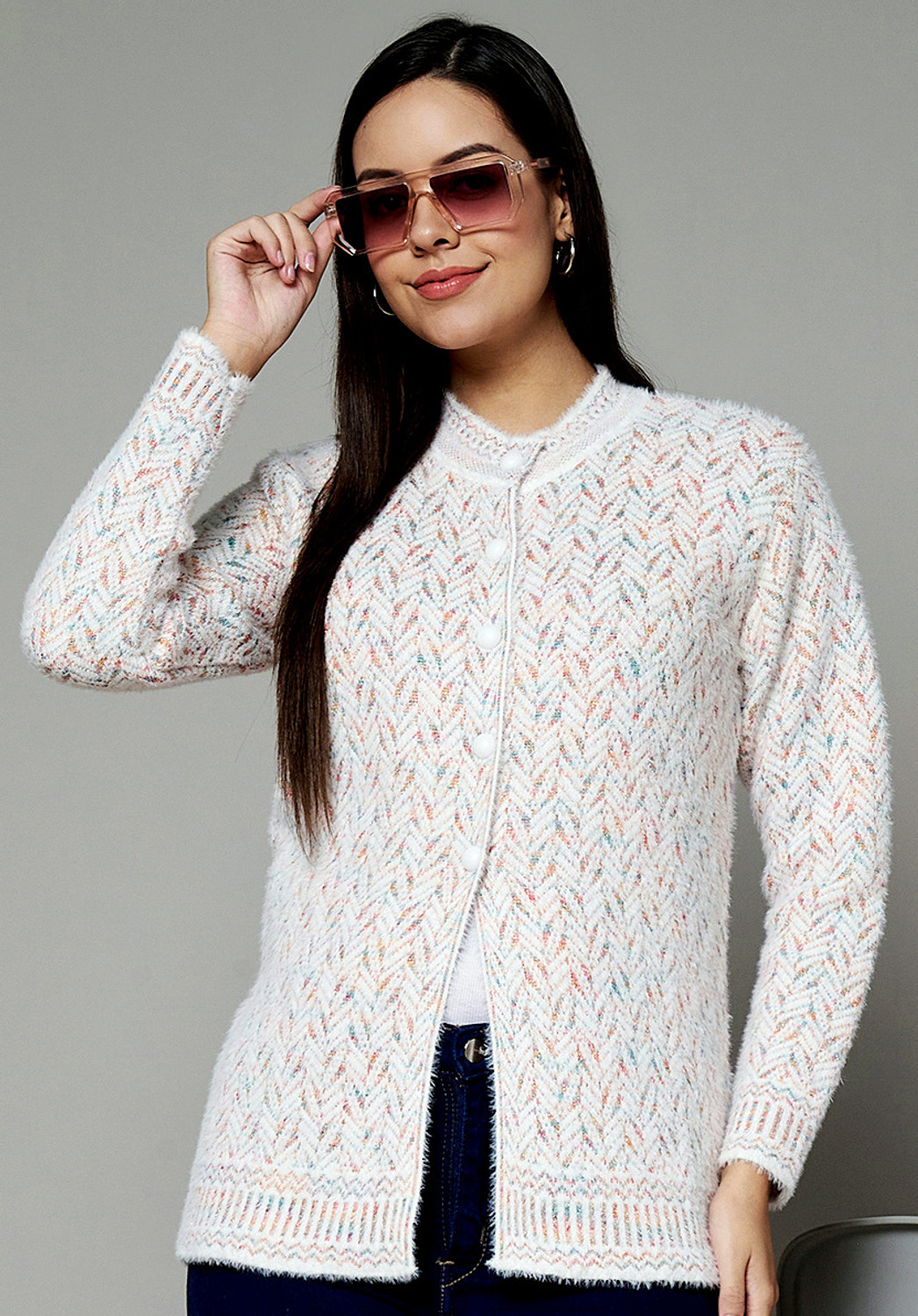 Image of eWools Women Floral Print Round Neck White Sweater