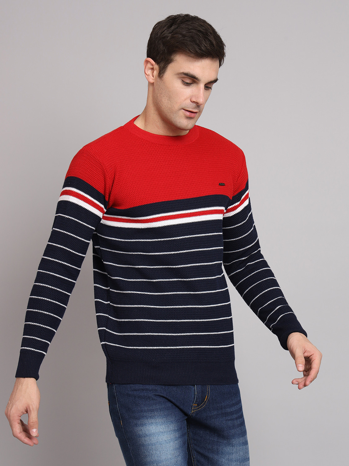 Image of eWools Men Striped Round Neck Red Sweater