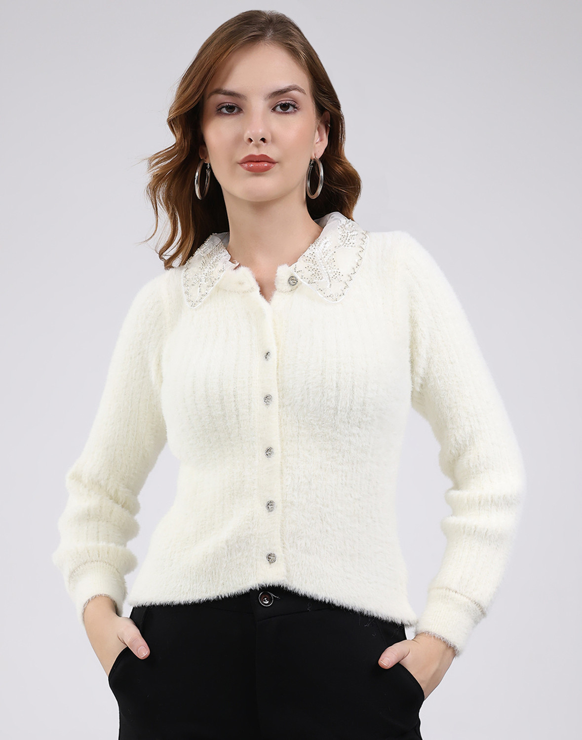 Image of MONTE CARLO Women Self Design V Neck Multicolor Sweater