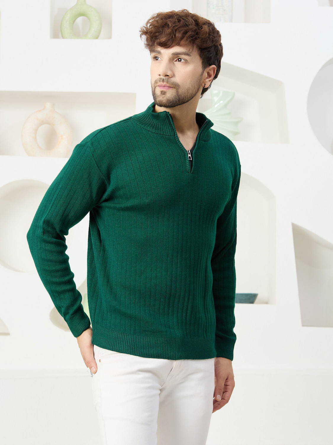Image of FUGAZEE Men Floral Print High Neck Blue, Grey, White Sweater