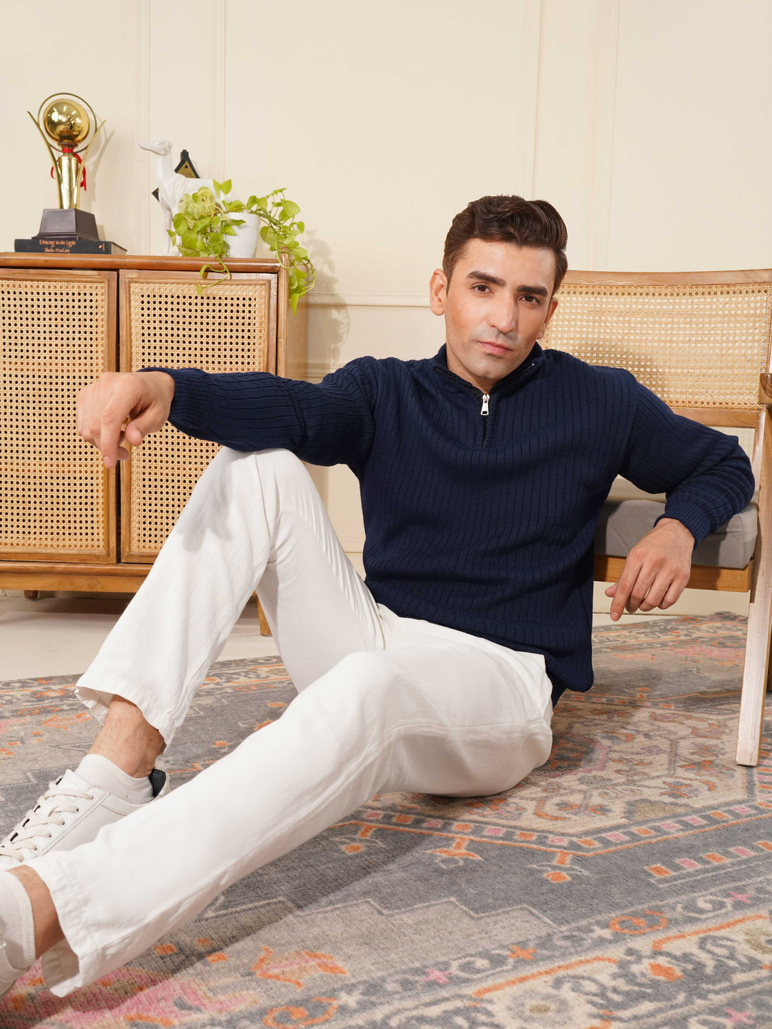 Image of FUGAZEE Men Floral Print High Neck Blue, Grey, White Sweater