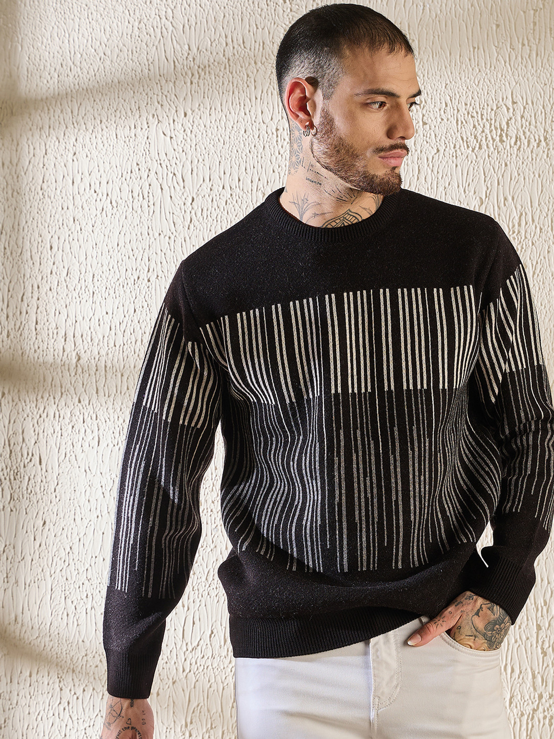 Image of FUGAZEE Men Floral Print High Neck Blue, Grey, White Sweater