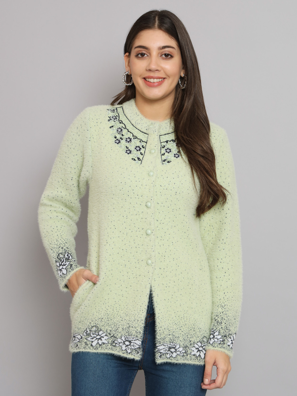 Image of eWools Women Floral Print Round Neck White Sweater