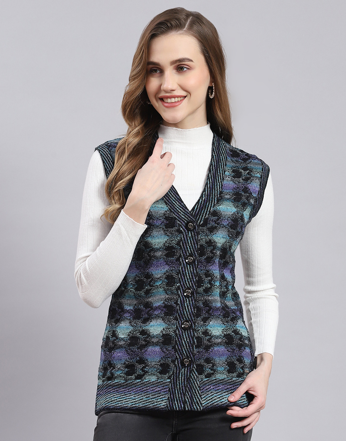 Image of MONTE CARLO Women Self Design V Neck Multicolor Sweater