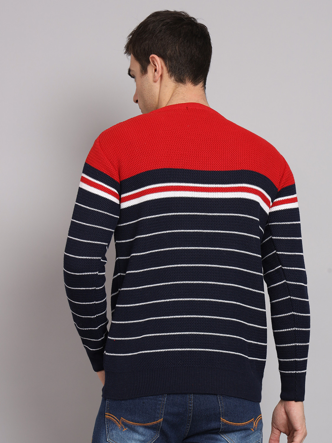 Image of eWools Men Striped Round Neck Red Sweater