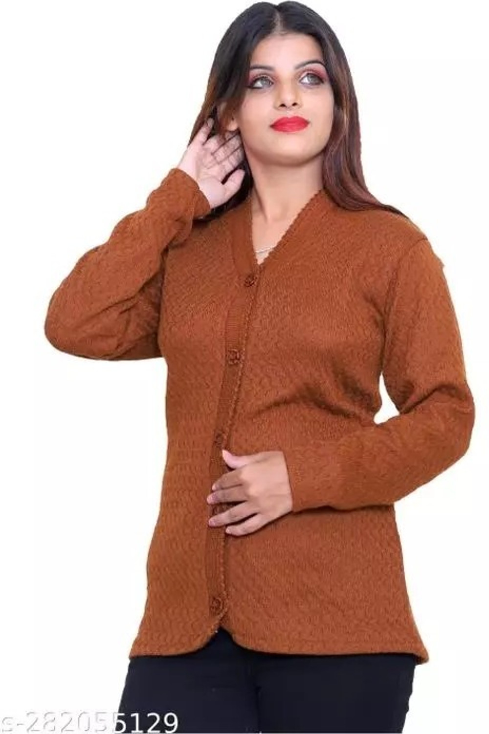 Image of Urban Decor Women Solid V Neck Brown Sweater