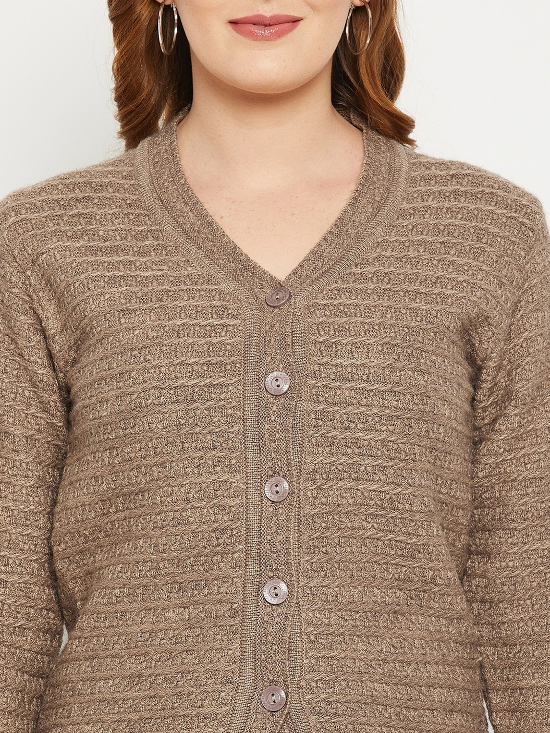 Image of Zigo Women Self Design V Neck Brown Sweater