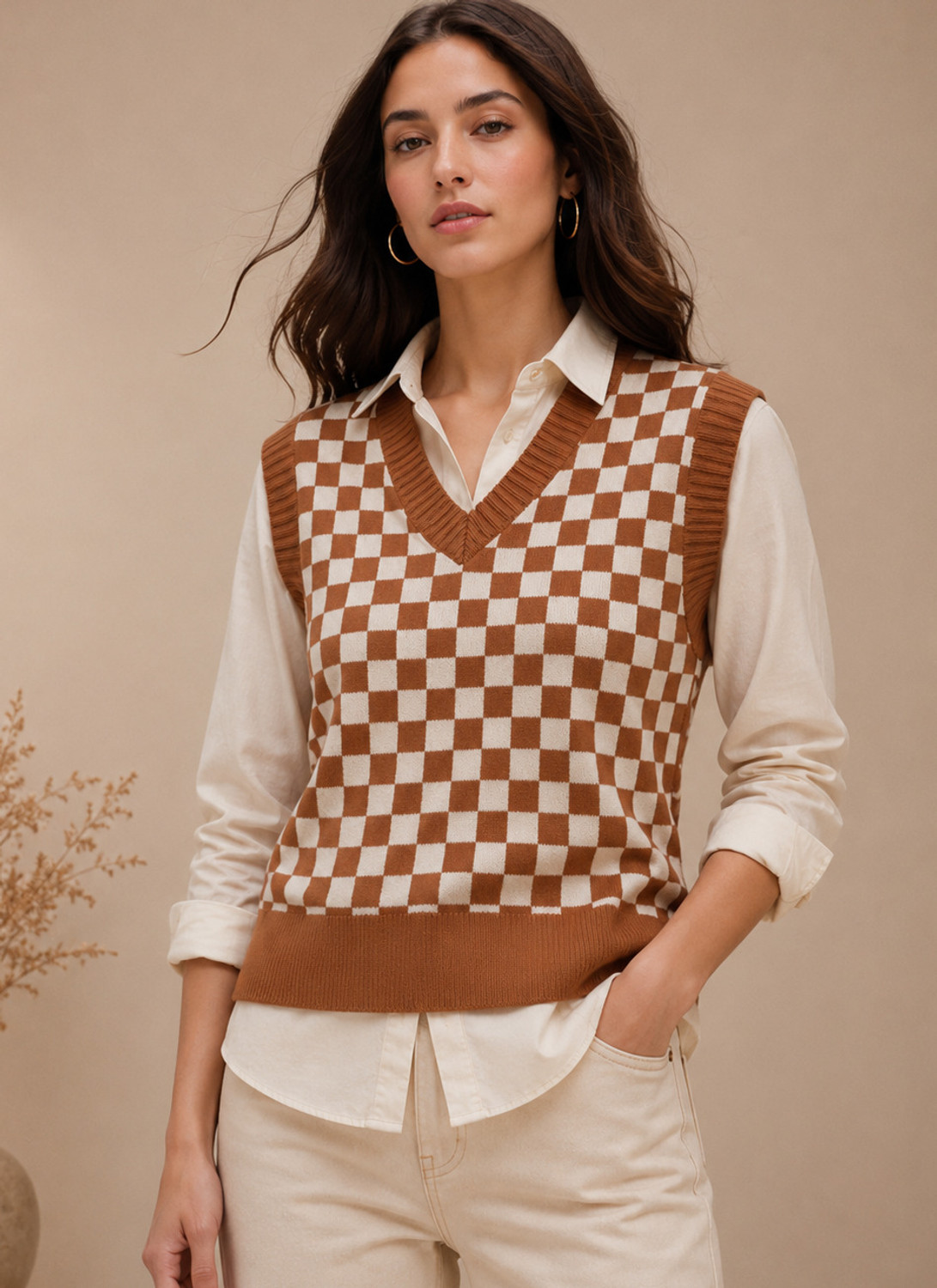 FEVERFEW Women Checkered V Neck Multicolor Sweater - Image 1