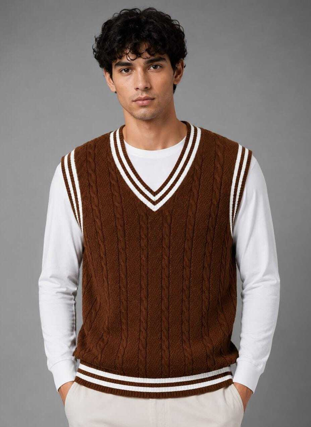 beyond stitch Men V Neck Brown Sweater - Image 1