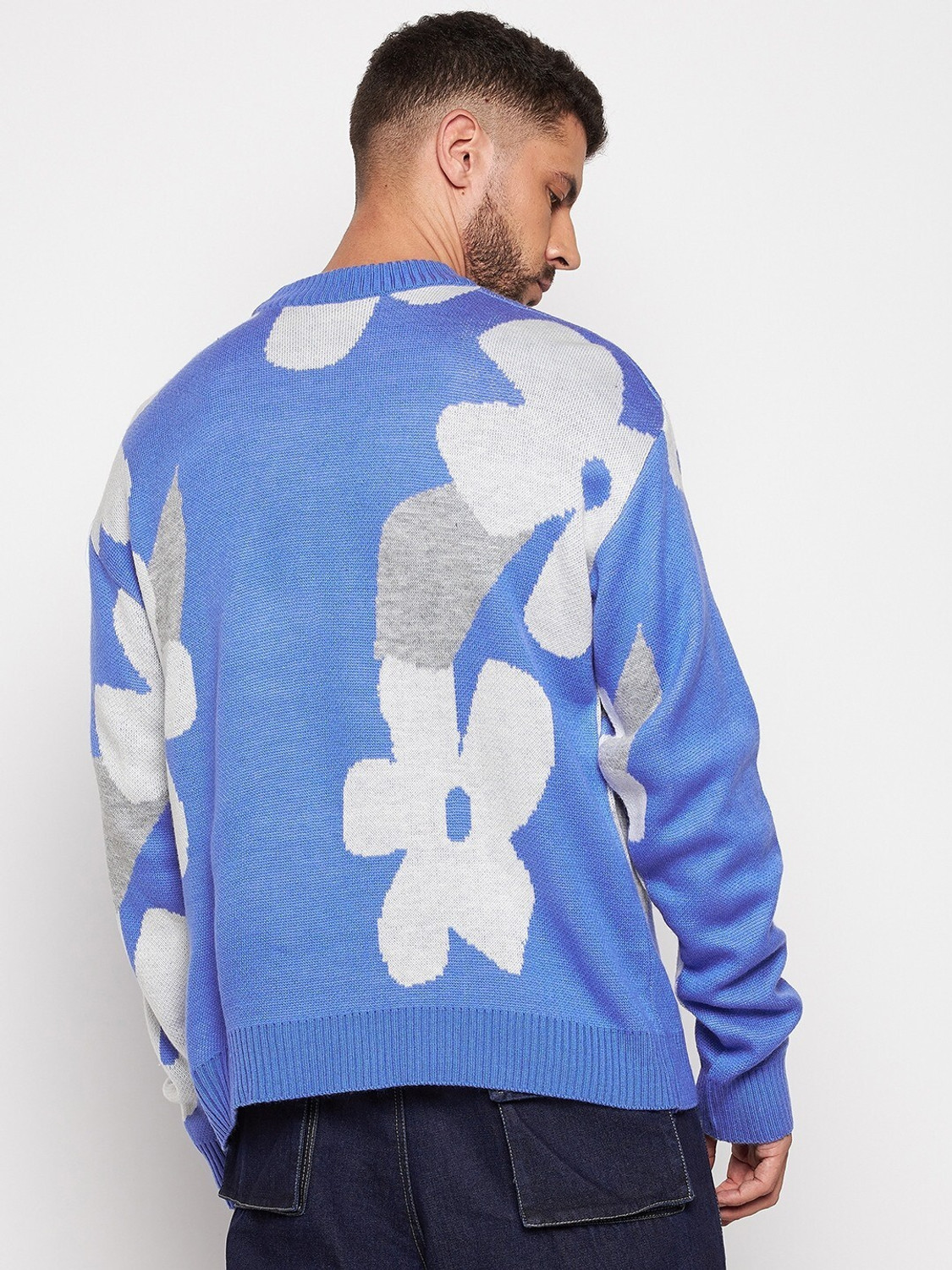 Image of FUGAZEE Men Floral Print High Neck Blue, Grey, White Sweater