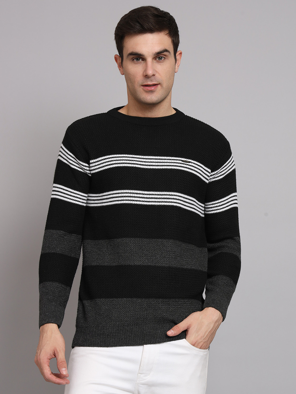 Image of eWools Men Striped, Colorblock Round Neck Black Sweater