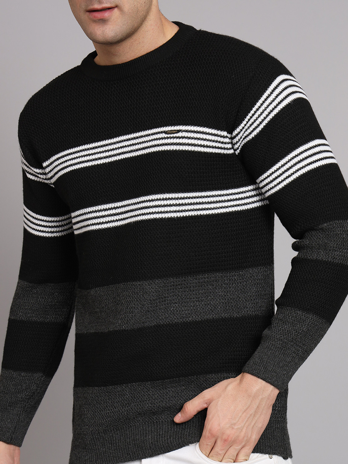 Image of eWools Men Striped, Colorblock Round Neck Black Sweater