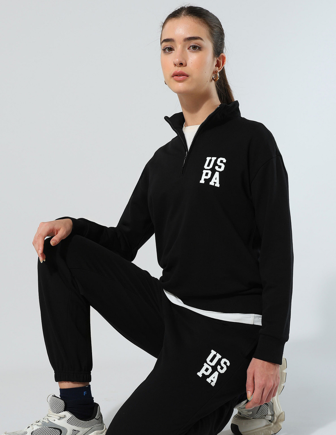 Image of U.S. POLO ASSN. Women Full Sleeve Striped Hooded Sweatshirt