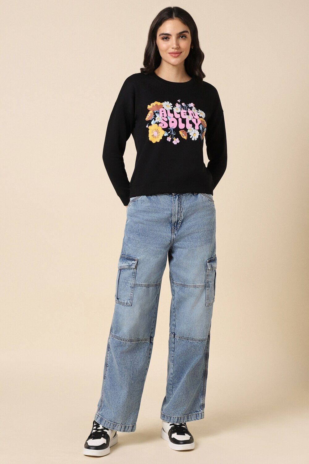Image of Allen Solly Women 3 /4th Sleeve Solid Hooded Sweatshirt