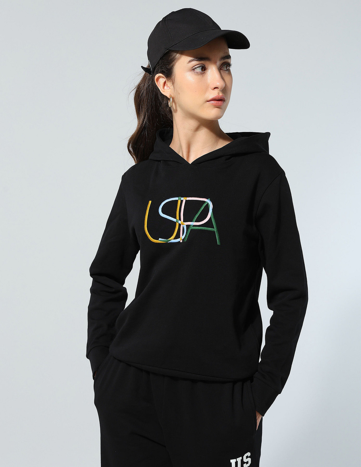 Image of U.S. POLO ASSN. Women Full Sleeve Striped Hooded Sweatshirt