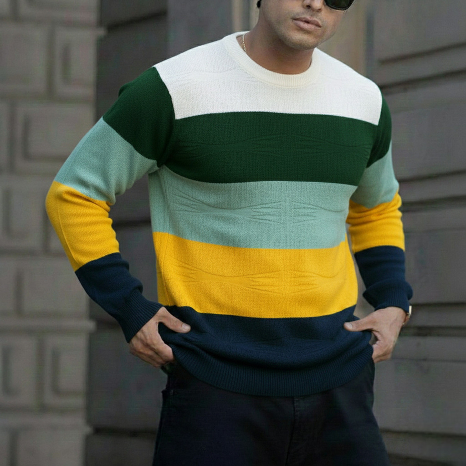 Image of eWools Men Striped Round Neck Red Sweater