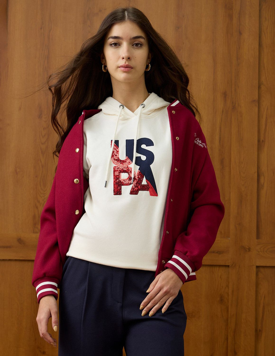 Image of U.S. POLO ASSN. Women Full Sleeve Striped Hooded Sweatshirt