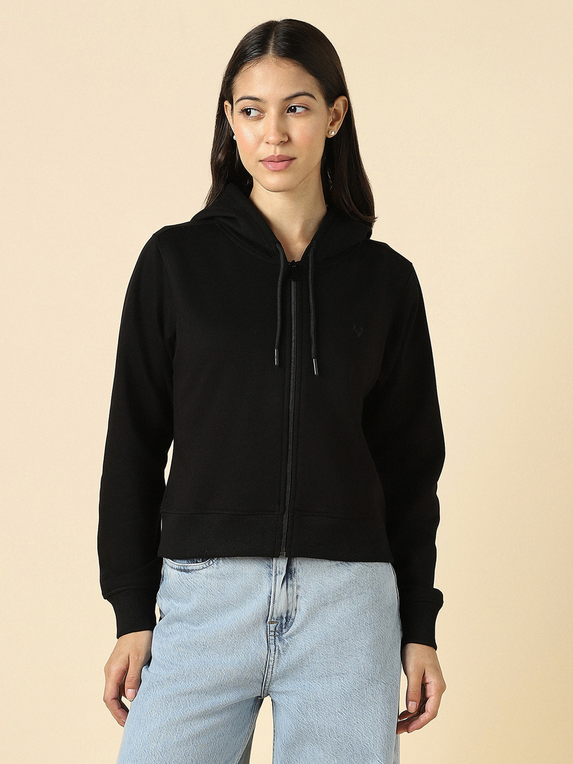Image of Allen Solly Women 3 /4th Sleeve Solid Hooded Sweatshirt