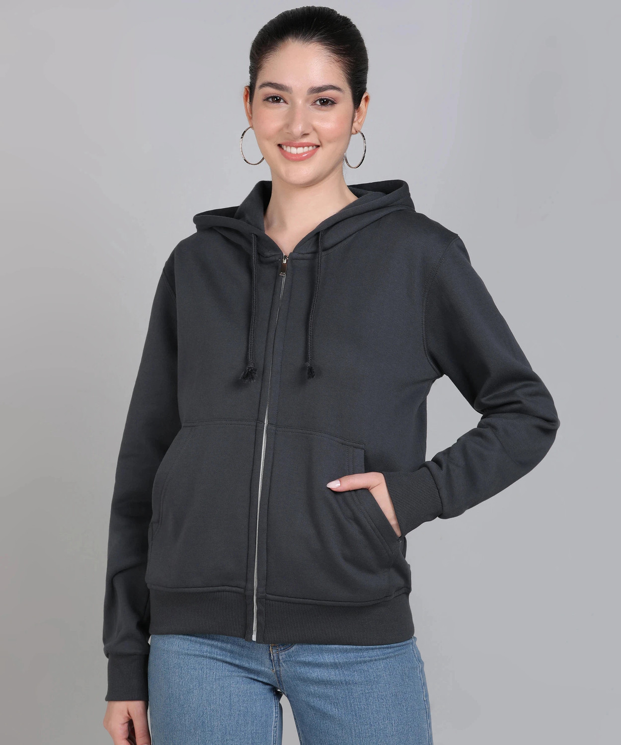 Image of ADBUCKS Women Full Sleeve Solid Hooded Sweatshirt
