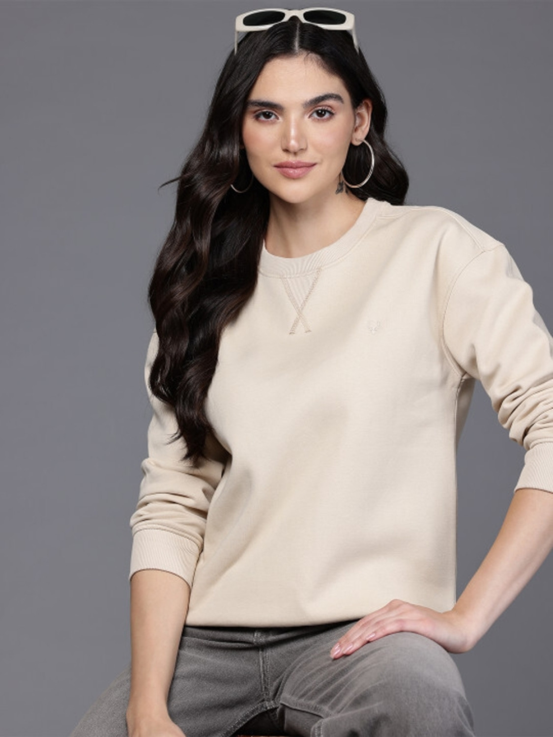 Image of Allen Solly Women 3 /4th Sleeve Solid Hooded Sweatshirt