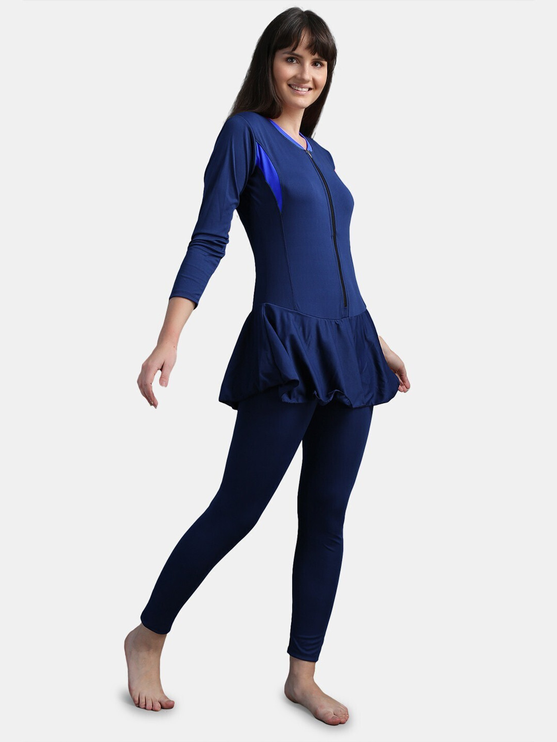 Image of N-gal Full Length Padded One Piece Swimsuits Swimming Costume Solid Women Swim-dress Dark Blue Swimsuit