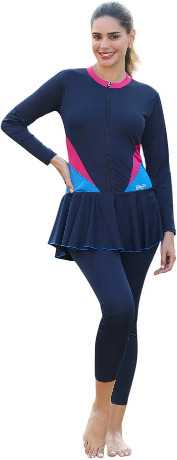 Image of N-gal Full Length Padded One Piece Swimsuits Swimming Costume Solid Women Swim-dress Dark Blue Swimsuit